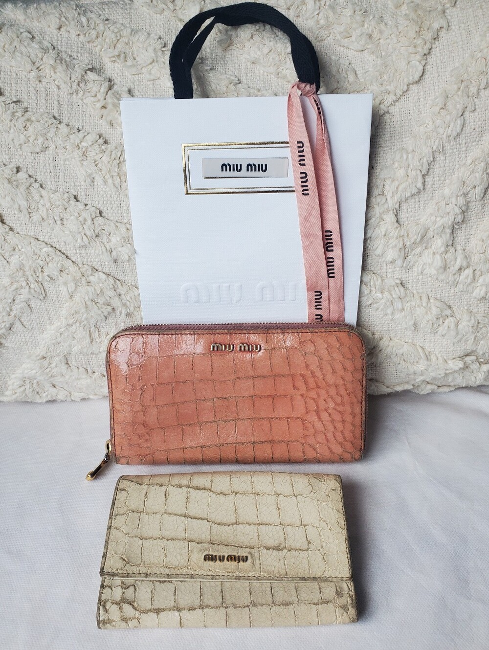 Miu Miu Croc-Embossed Dusty Rose & Cream Wallets